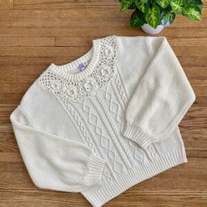 Alya Floral Crochet Cable Knit Cream Sweater Crew Neck Size M